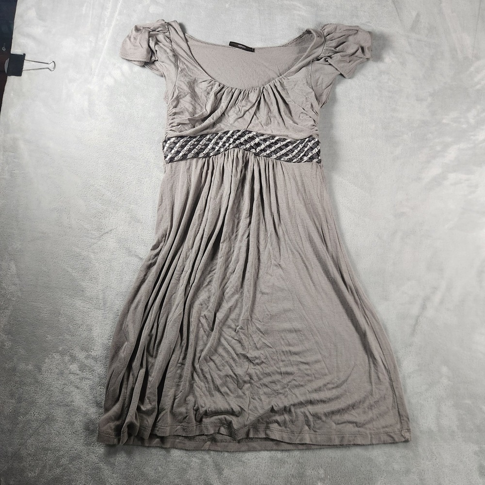 Soprano Y2K Cowl Neck Gray Jersey Braided Waist Dress M Boho Cap Sleeve
